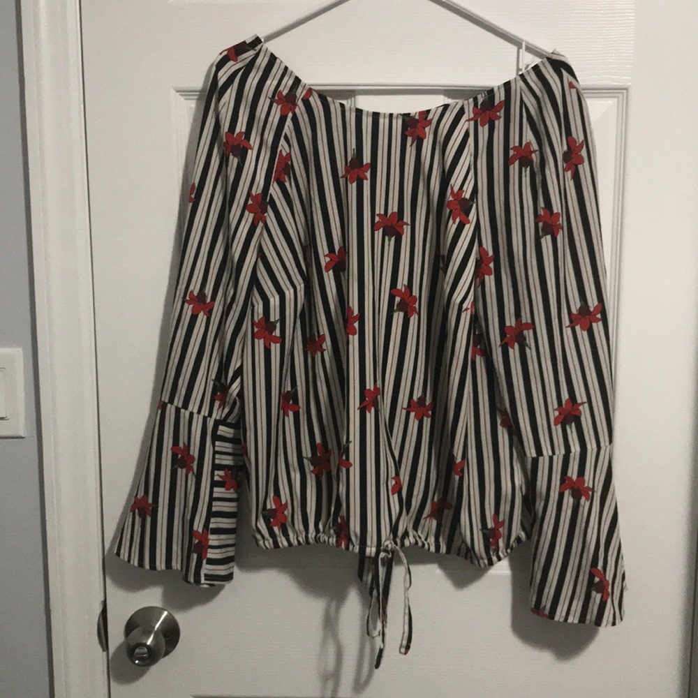Eloquii Floral/Striped Top with Bell Sleeves